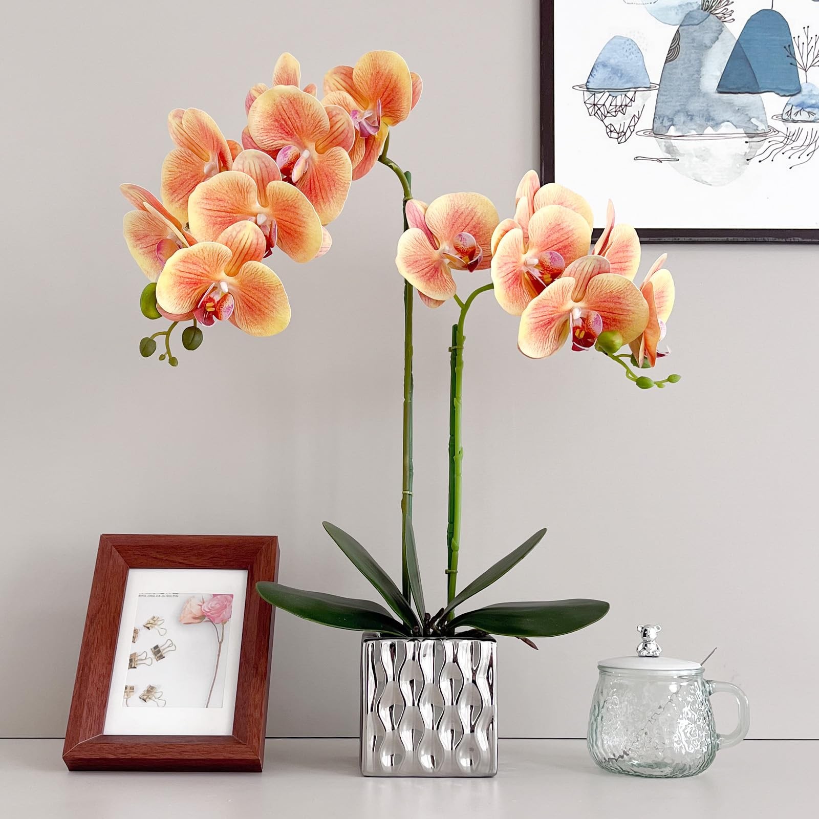 20 Inch Orange Artificial Faux Orchid Silk Flower Arrangement Silver Vase
