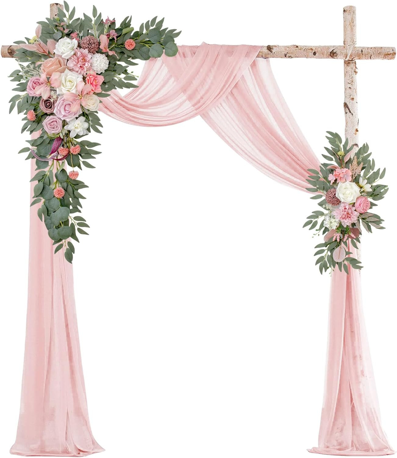 Elegant Wedding Arch with Pink Chiffon, Roses & Eucalyptus Decor