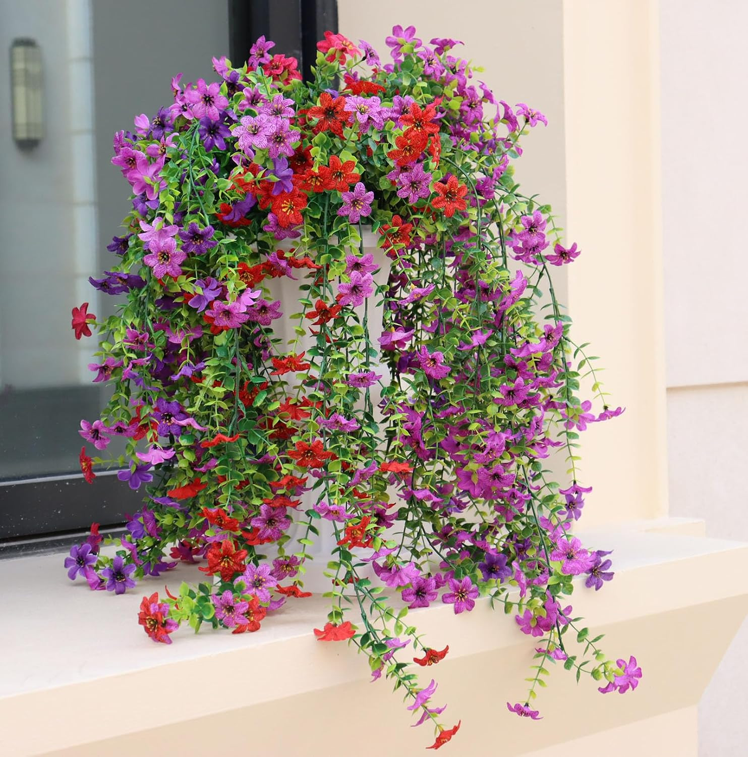 Artificial Hanging Flowers for Outdoors, 4 Pack Fake Hanging Plant for Spring Su