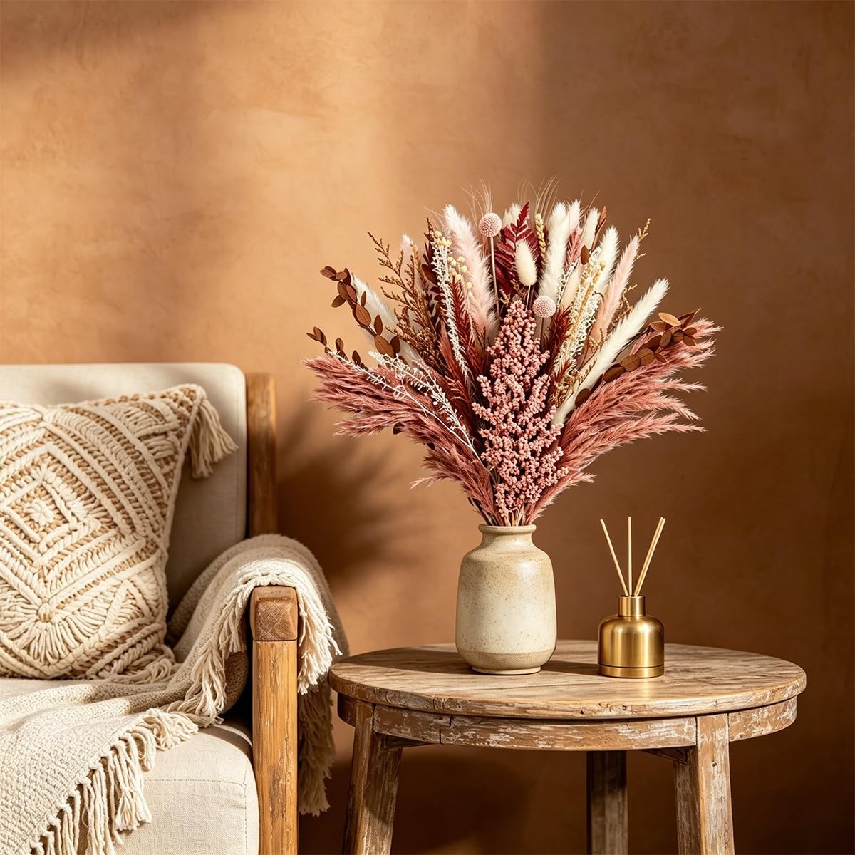 Dusty Rose & Terracotta Dried Pampas Grass Bouquet – Boho Floral Arrangement, Pi
