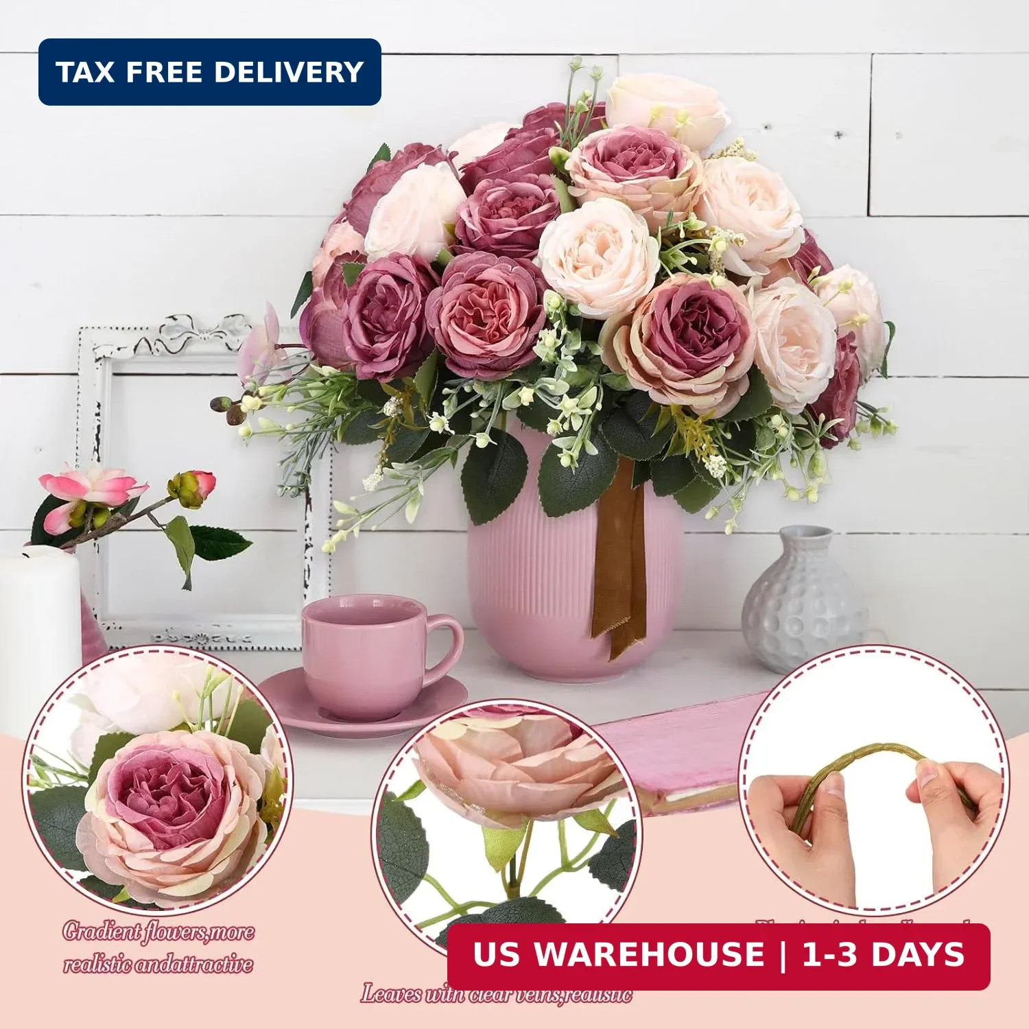 Geosar 8 Bundles Artificial Peonies Flowers Fake Silk Peony Bouquet Faux Peonies