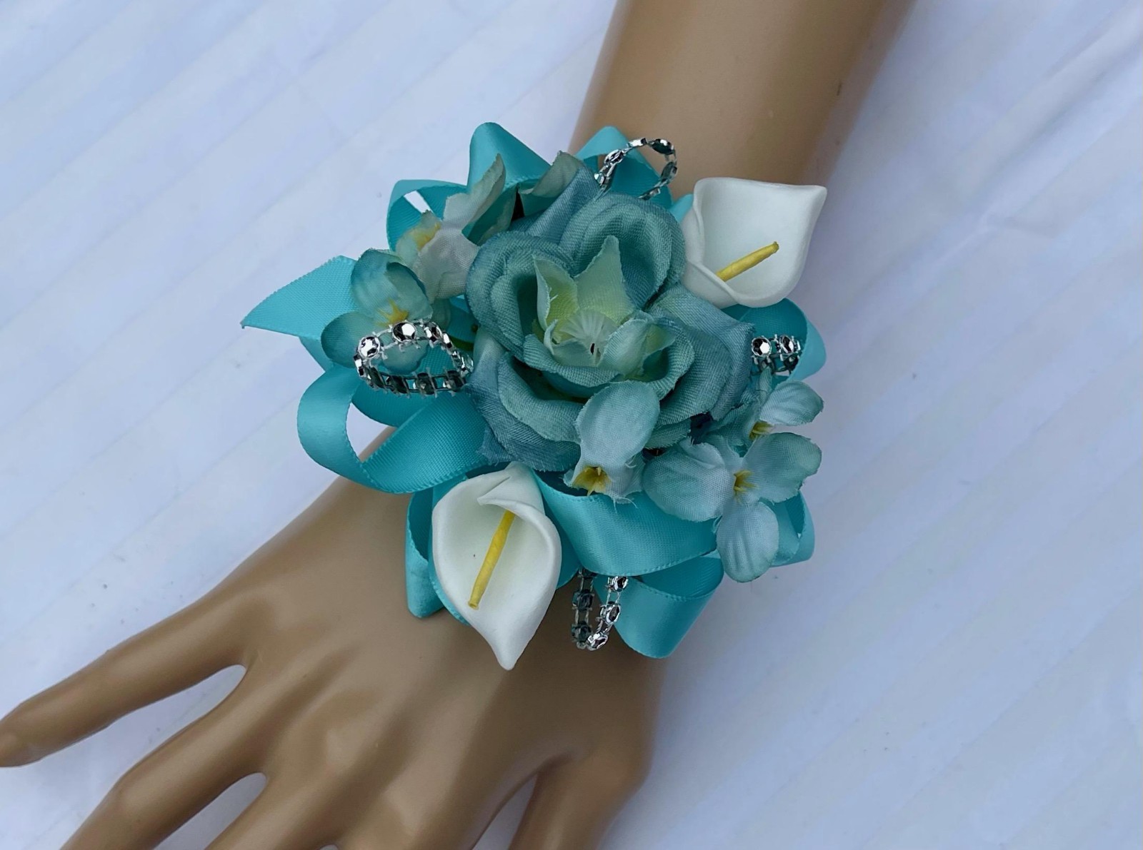 Aqua Pool Blue Teal Silver Corsage Boutonniere Dance Prom Wedding Flowers