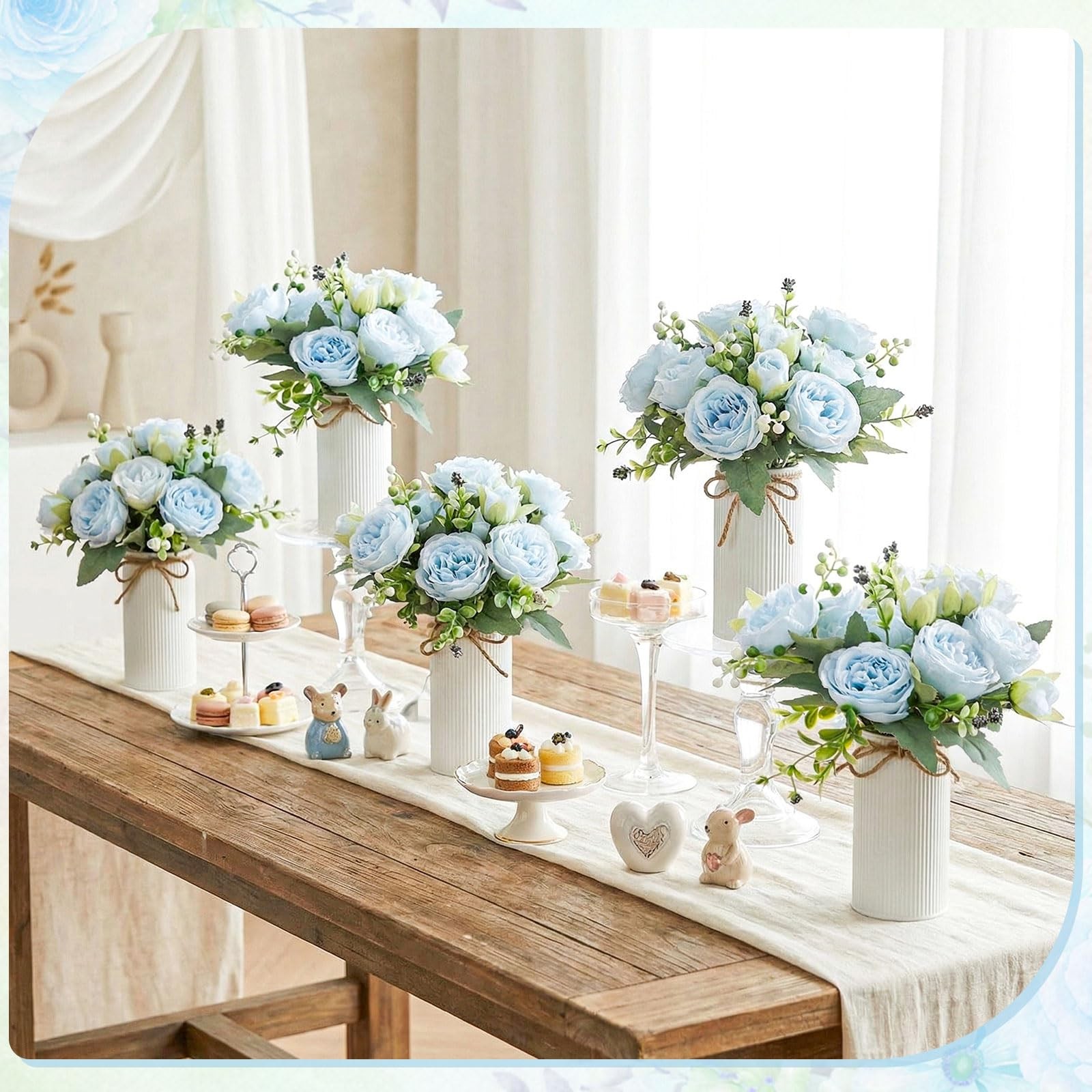Light Blue Wedding Floral Centerpiece Artificial Peonies Bouquet 6 Sets