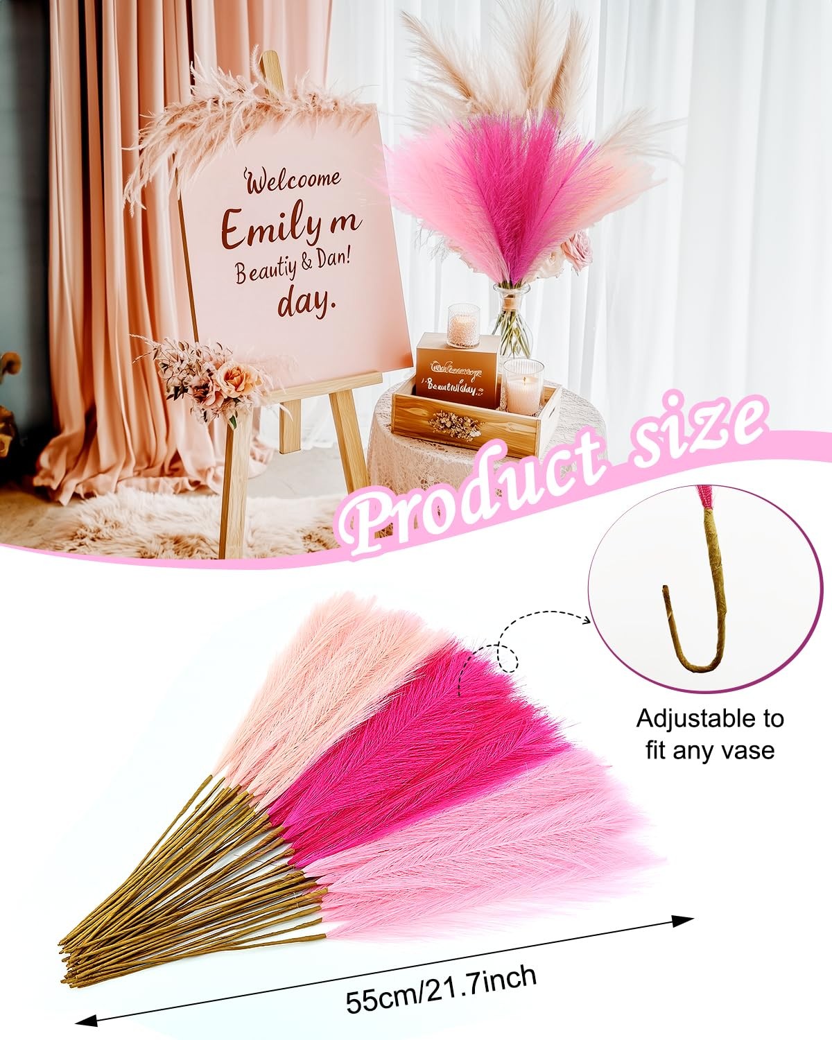 48pcs Pink Faux Pampas Grass Decor, 21.7inch Hot Pink Short Artificial Pompou…