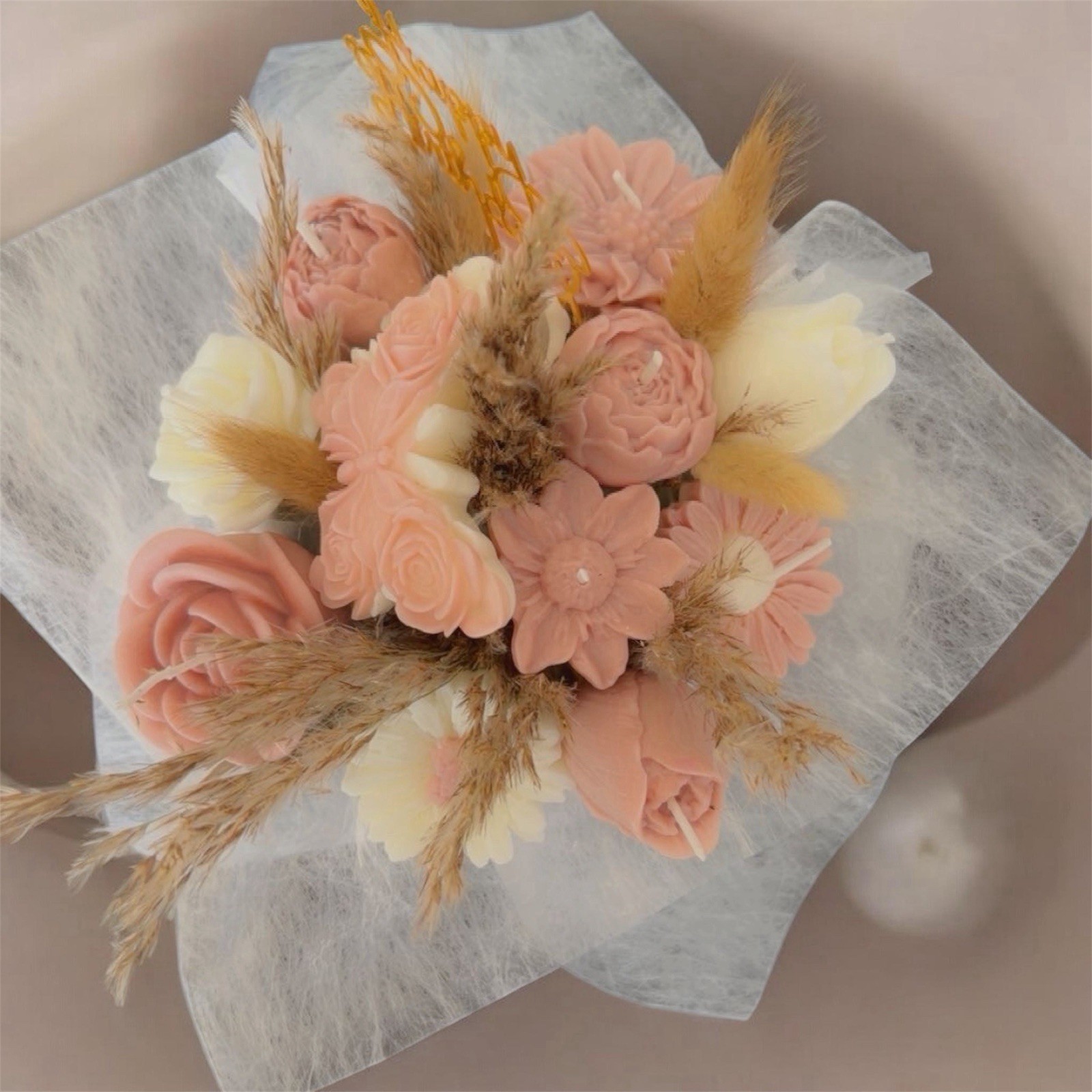 Candle Rose Hat Box Arrangement Centerpiece Pink White Beige Birthday Pick