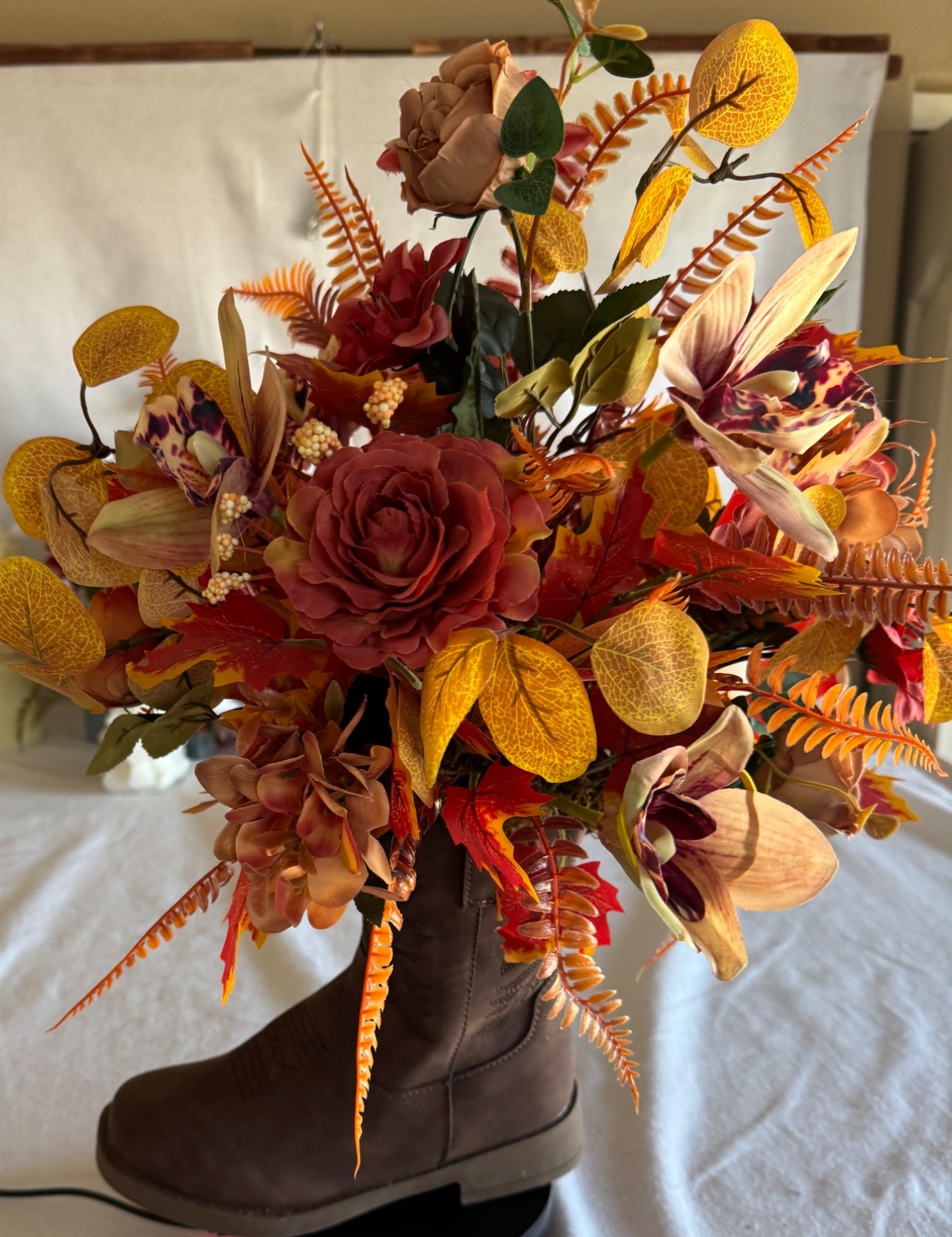Fall colors Arrangement in a Cowboy Boot! Use all year!
