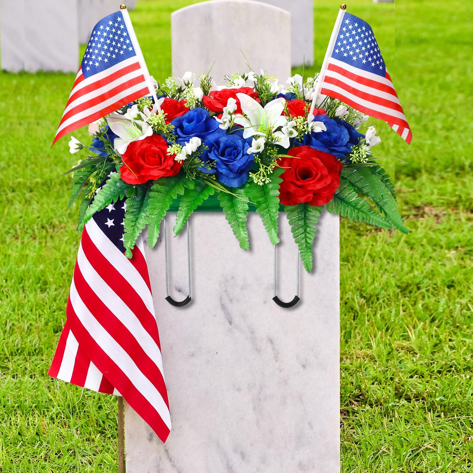 Patriotic Headstone Flower Saddle with American Flags, Red White Blue 4th of …