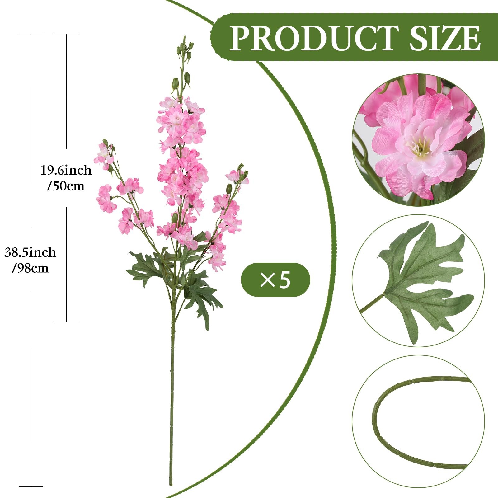 Dark Pink Delphinium Artificial Flowers 5 PCS, 38.5″ Tall Flowers for Floor V…