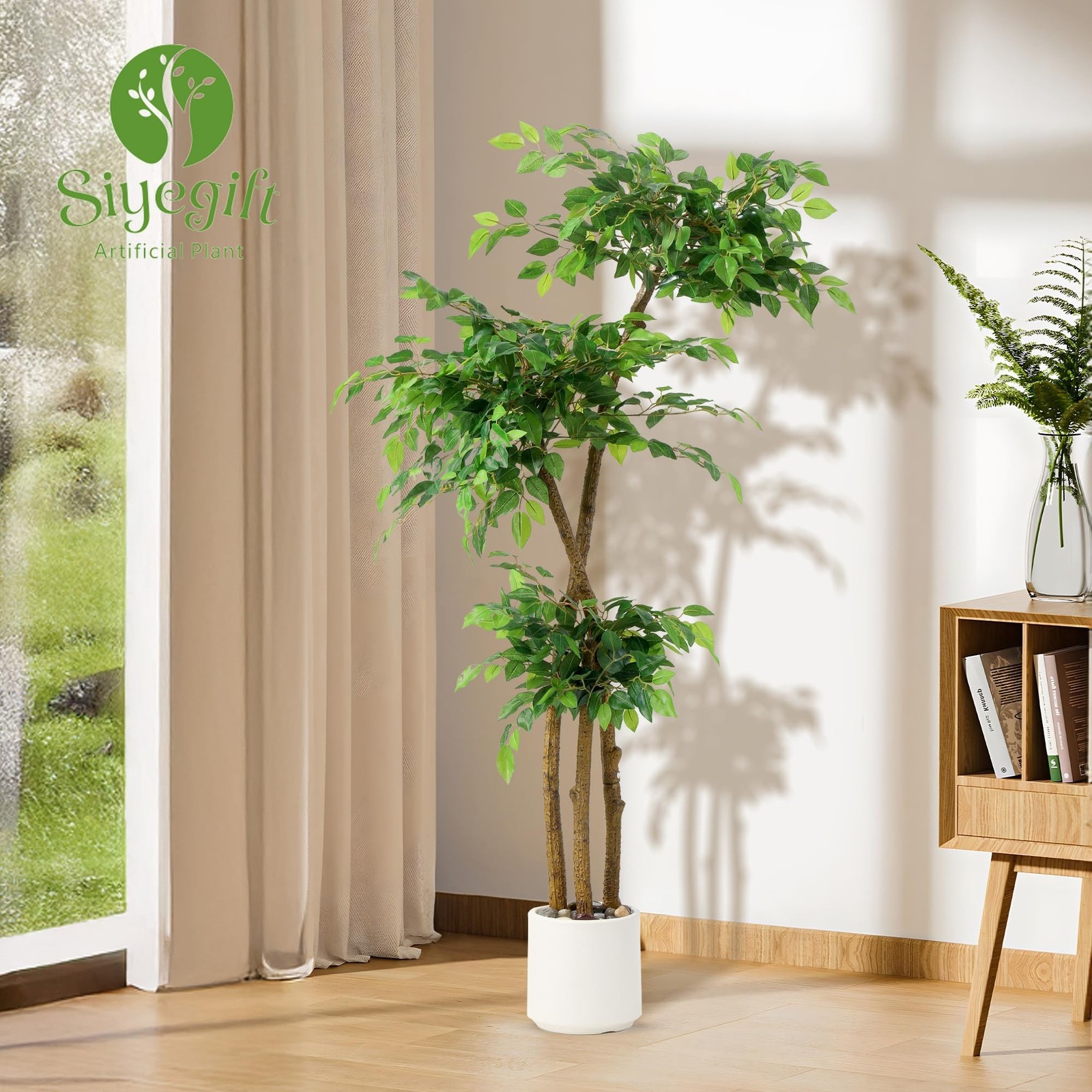 SIYEGIFT Artificial Ficus Tree 5FT White Planter with Moss and Pebbles