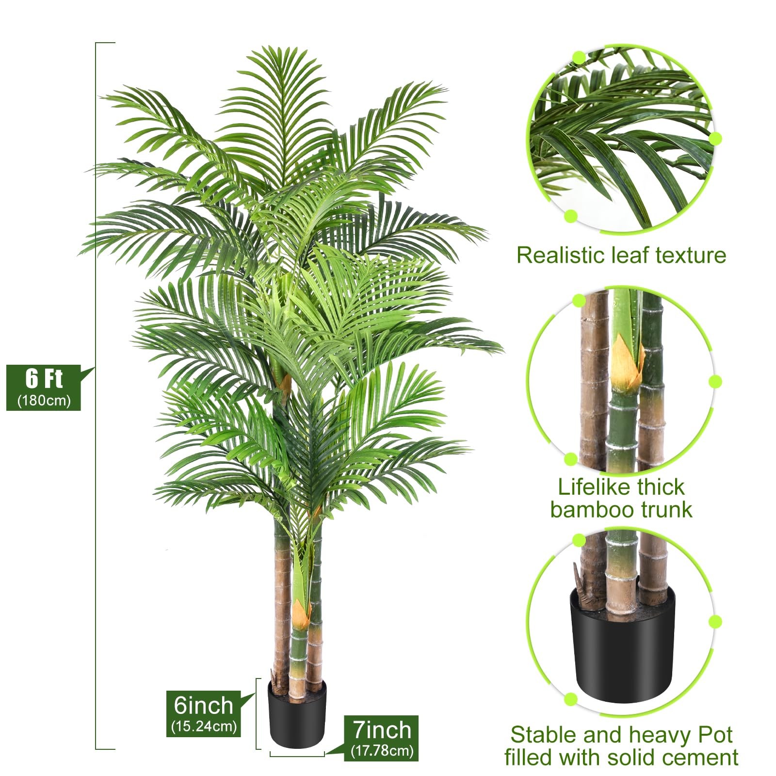 6ft Tall Triple Golden Cane Palm Artificial Tree 72inch Large Tropical Palm T…