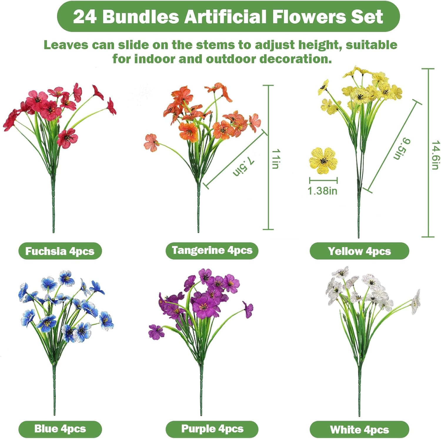 Fake Outdoor Flowers Uv-Resistant – 24 Bundles 6 Colors Realistic Artificial Flo