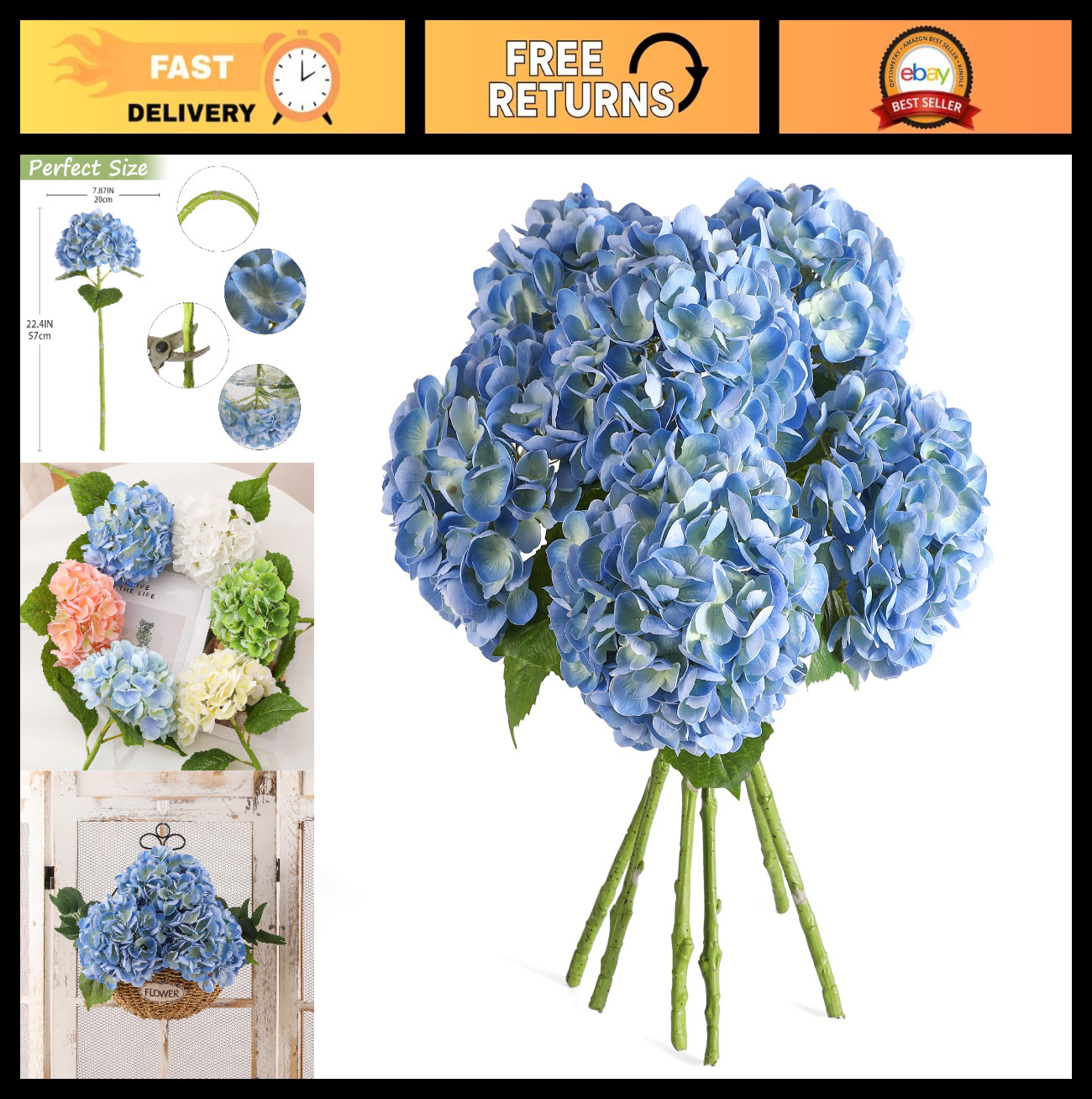 6PCS 22″ Real Touch Blue Hydrangea Artificial Flowers for Home Decor, Weddings