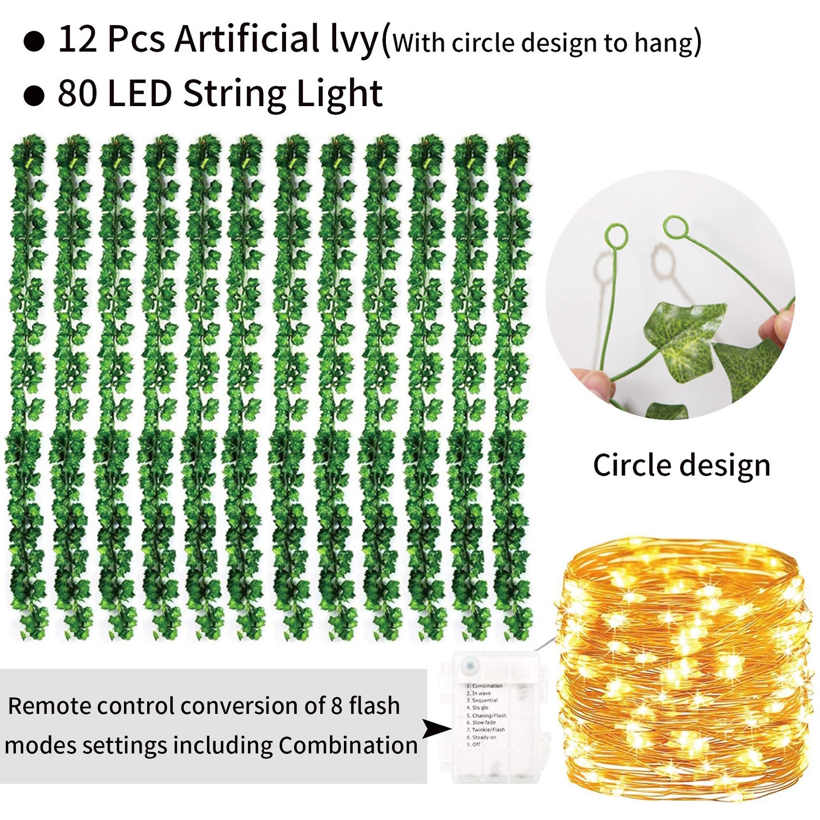84Ft 12 Pack Artificial Ivy Leaf Plants Vine with 80 LED String Light,Green V…