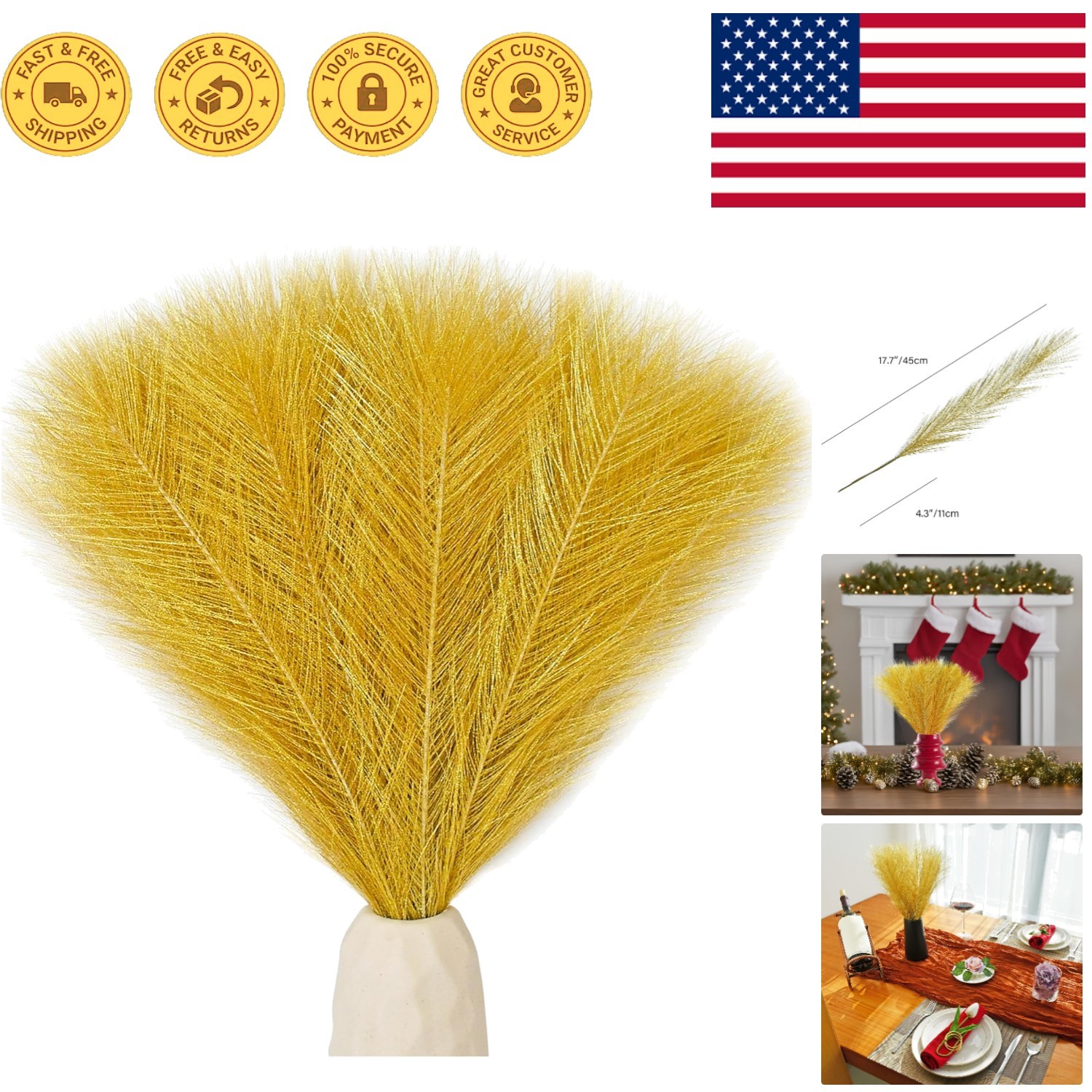 Gold Silk Pampas Grass Bouquet – 20 Fluffy Stems, 17.7in for Elegant Home Decor
