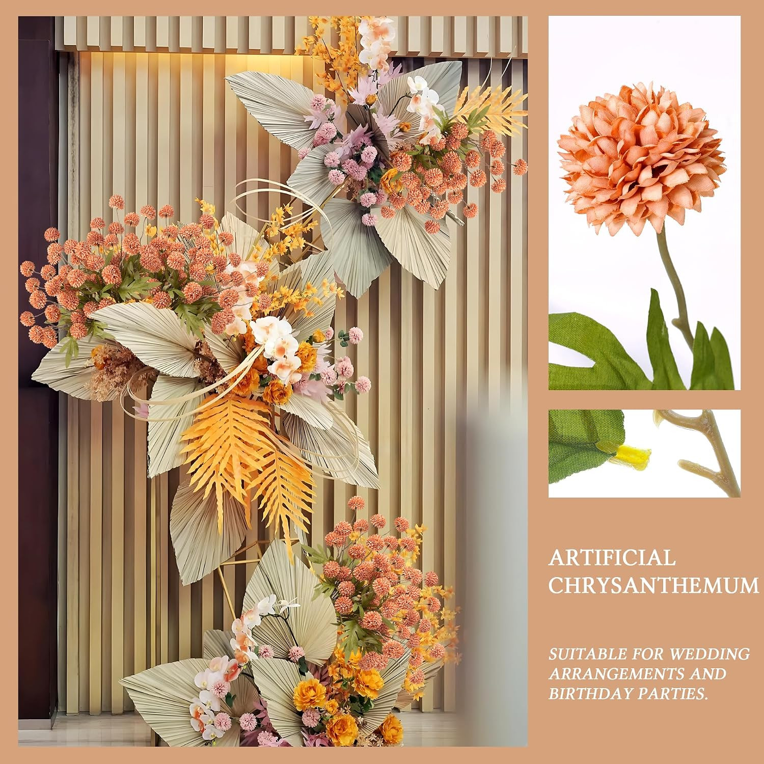 10Pc Coral Orange Silk Chrysanthemum – Faux Flowers for Home & Office Decor