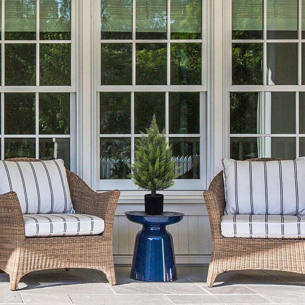 17.7” Artificial Cedar Topiary Tree in Black Pot – Set of 2 Lifelike Evergreen
