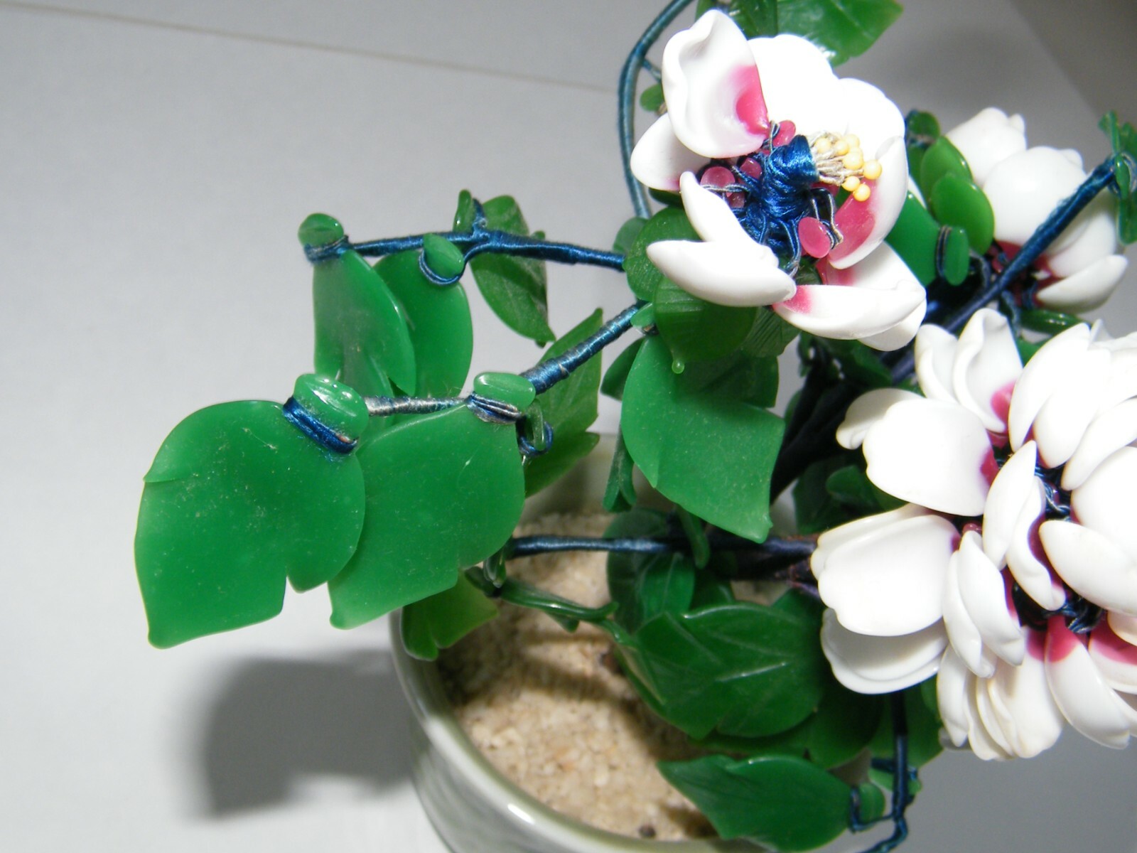 COLORED GLASS FLOWERS IN POT 10″ BONSAI TREE WHITE PINK GREEN POTTED
