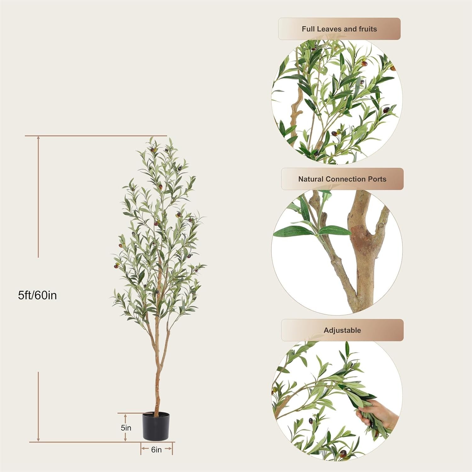 Artificial Olive Tree – Natural Wood Trunk, Silk Leaves
