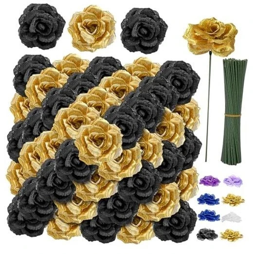 108pcs Roses Head Flowers with Stem – Black & Gold Graduation Black-gold