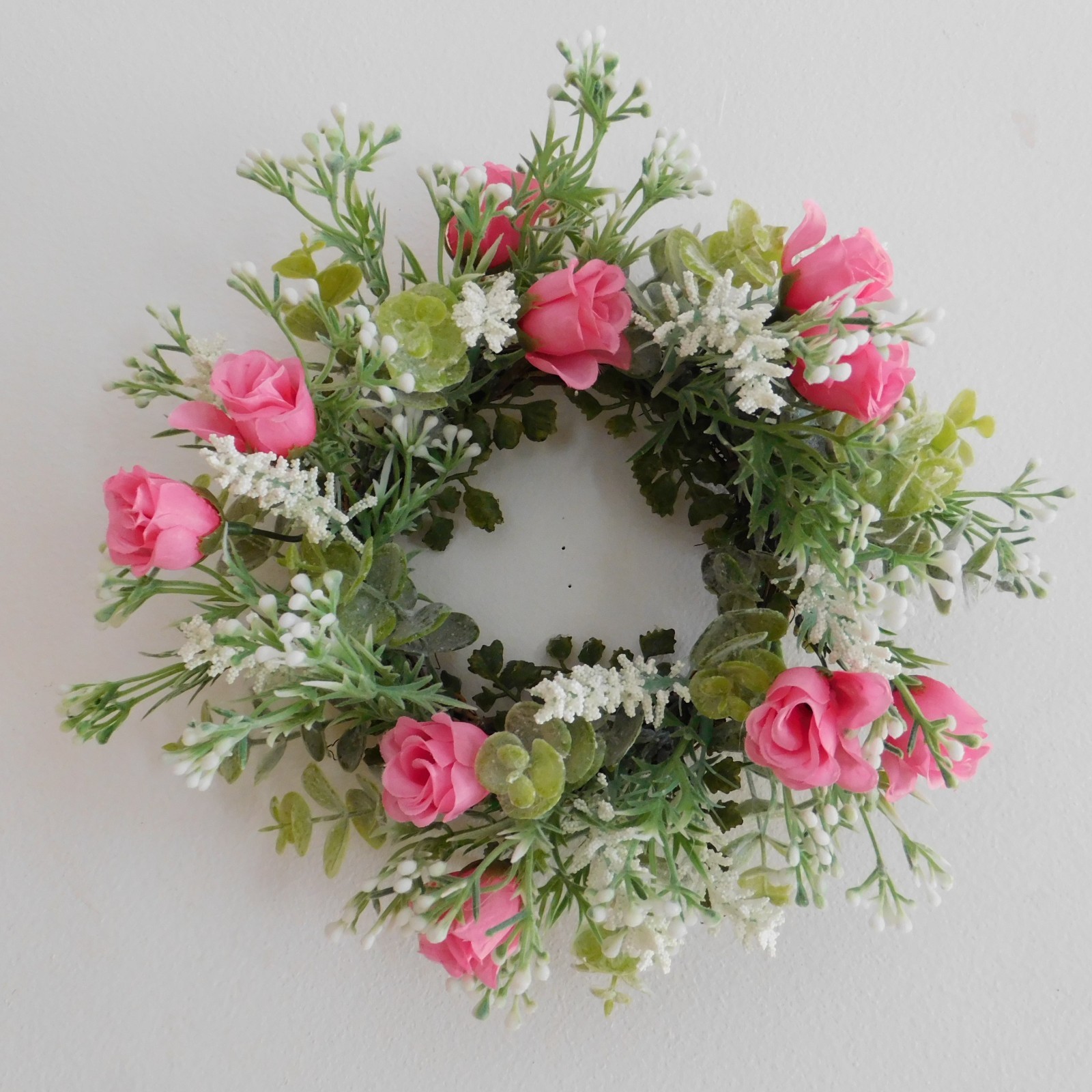 Dusty Miller Mini Wreath Eucalyptus Pink Roses Candle Ring