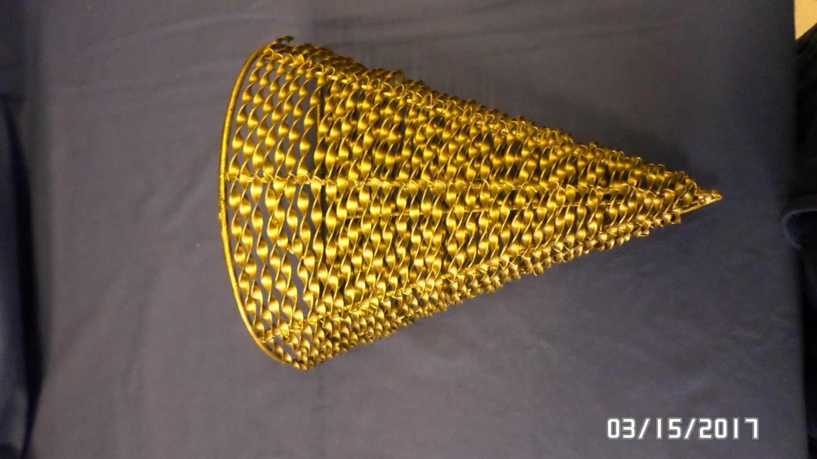 1849M Large Silk Flower Metal Hanging Basket Wall Hugger Cone Shaped Twist Brass