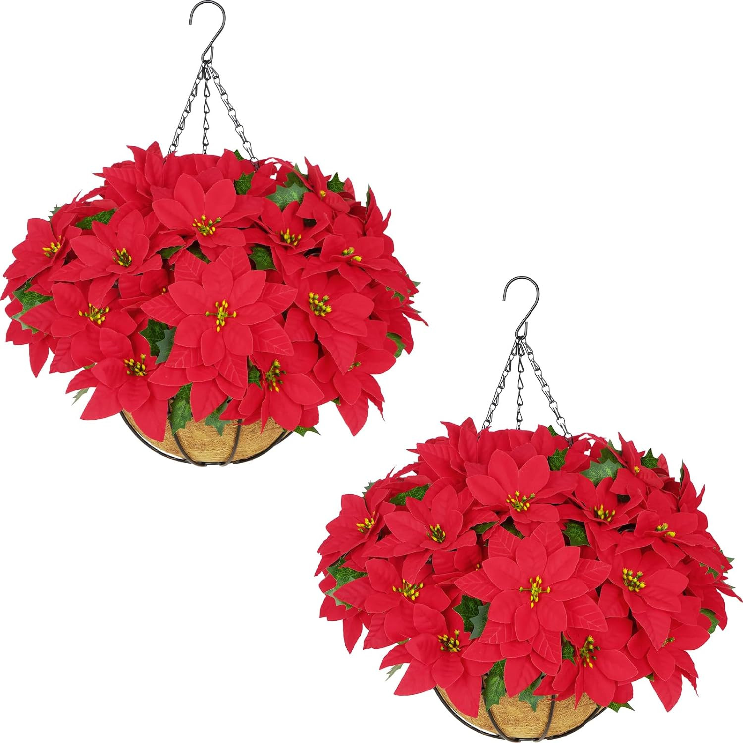 Hanging Red Poinsettias with Basket – UV Resistant Xmas Decor for Outdoors
