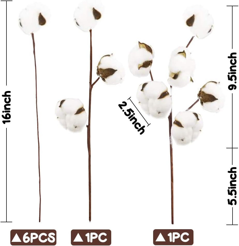 Cotton Stems 8 Packs with 15 Bolls, Natural Dried Flowers Cotton Sprigs for Vase