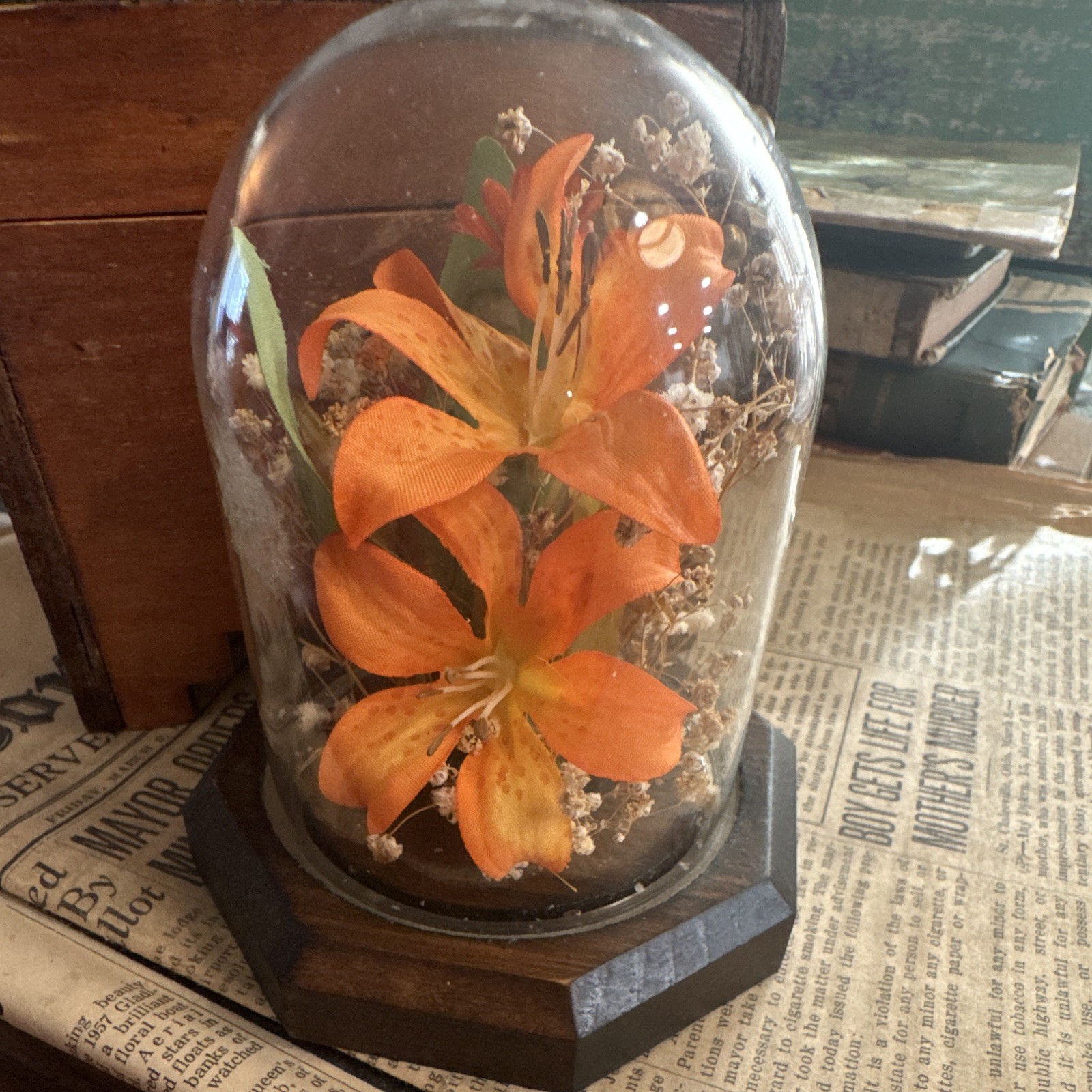 Vintage Floral Orange Lily Arrangement in Glass Cloche on Wood Base mcm whimsy