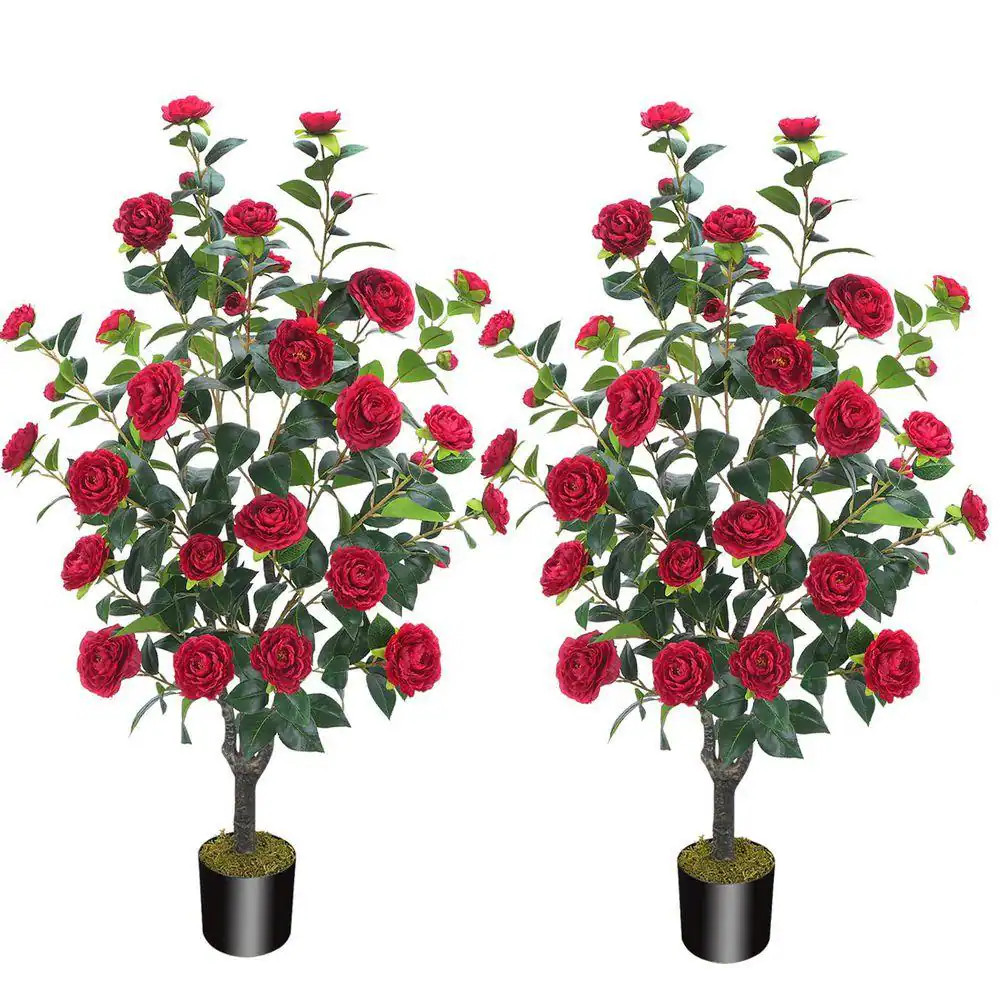 2-Piece 3.6 Ft. Artificial Camellia Tree in Black Pot with 32 Red Flowers and Dr