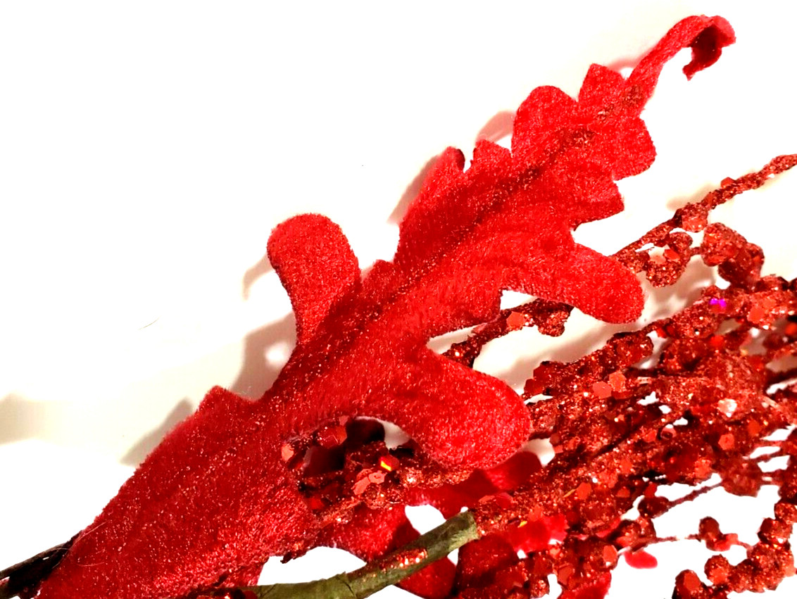 Red Glittered Velvet Leaf & Ball Picks Very Glittery 18″ Tall Set of 7