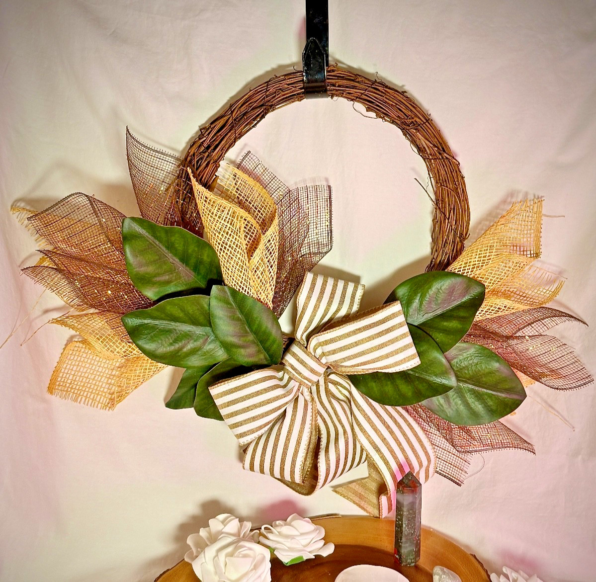 Rustic Grapevine Wreath – Farmhouse Home Decor – Modern Burlap Bow Door Hanger
