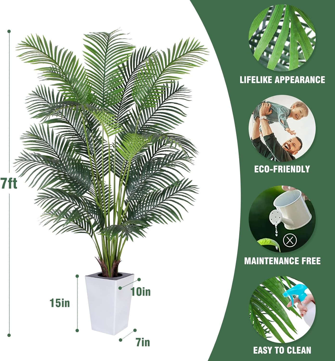 Artificial Palm Tree with White Tall Planter, 7Ft Tall Potted Artificial Silk Pa