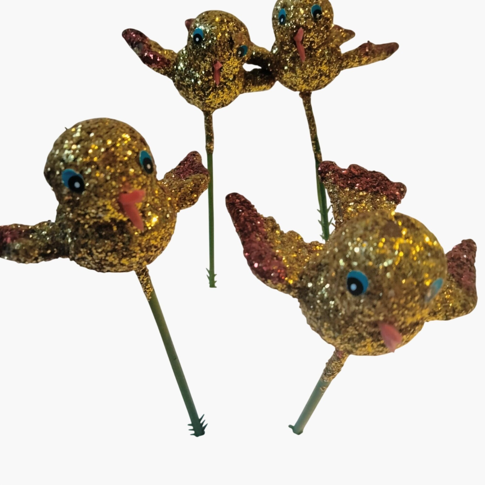 Glitter Gold Bird Ornament Green Wire Stem Decoration Crafting Lot 4