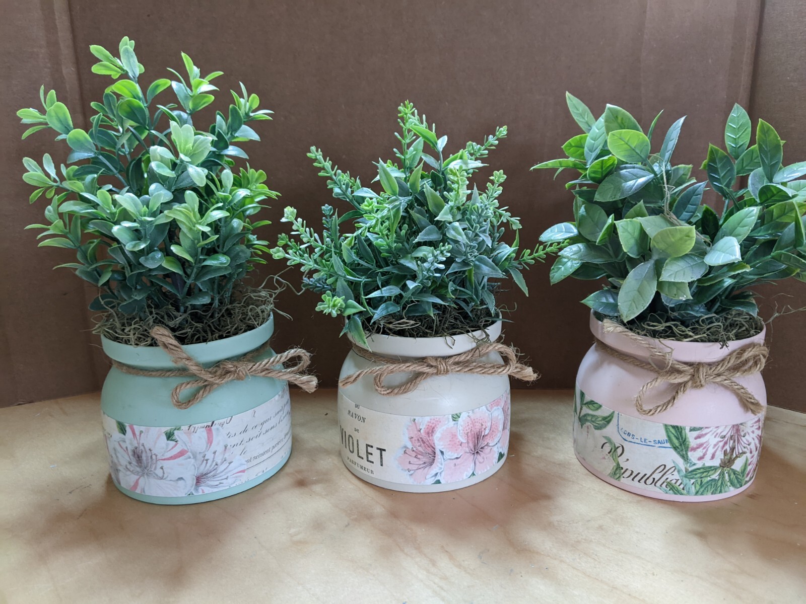 3 Faux Plants in Spring Themed Pots