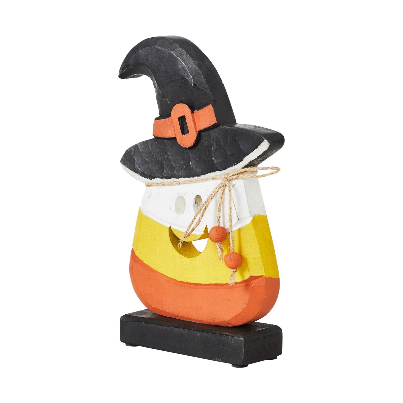 New Primitive Rustic Fall CARVED WOOD CANDY CORN WITCH Figure Shelf Sitter 10″
