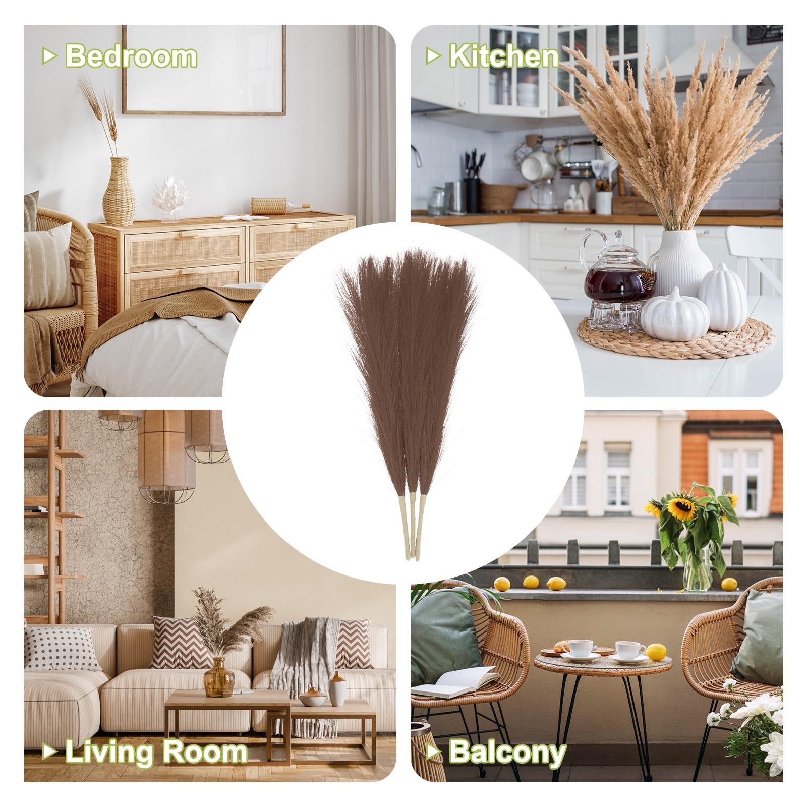 3pcs Dried Faux Pampas Grass 17″ Artificial Pampas Grass Decor Dark Coffee