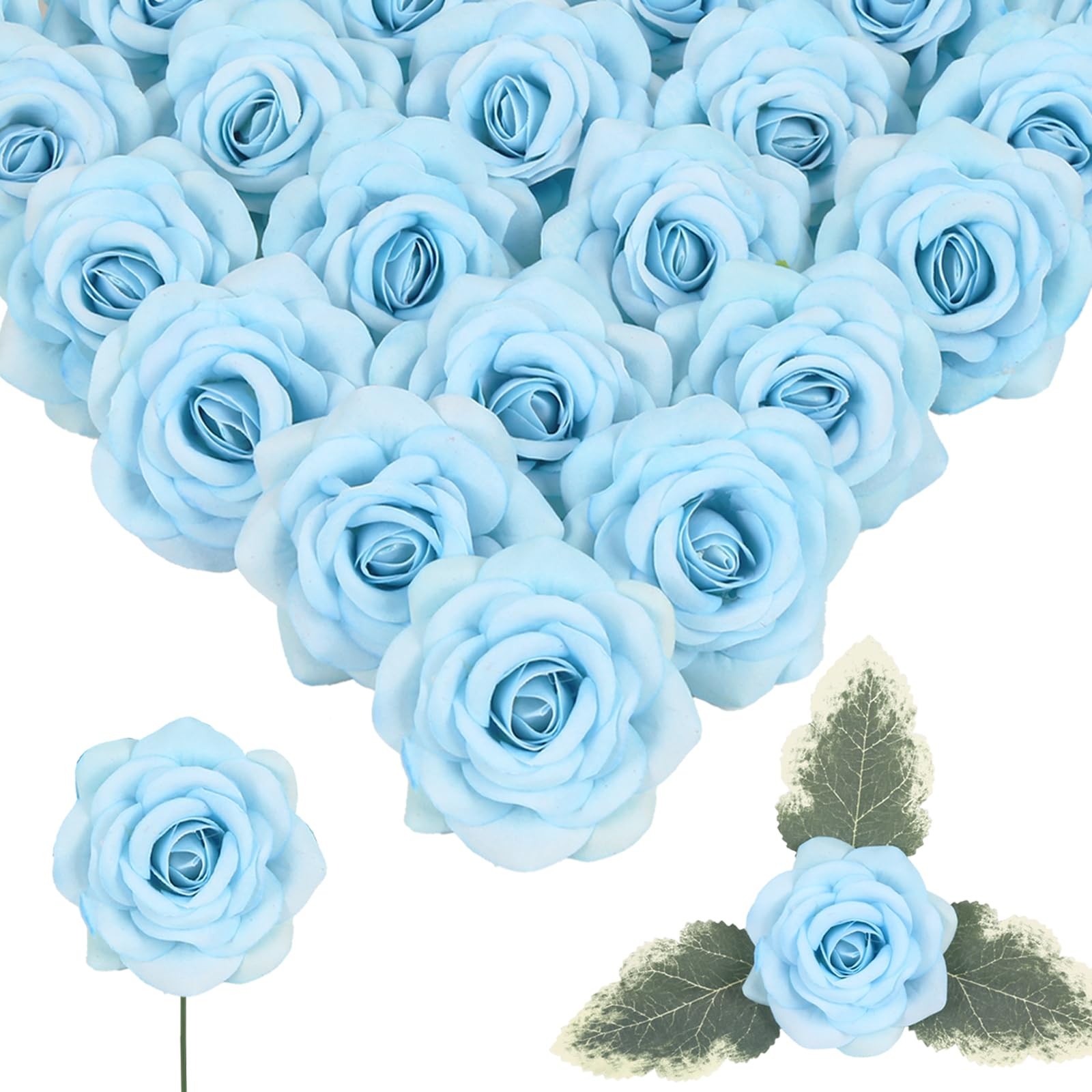 25 PCS Light Blue 2.75 Inch 7 CM Artificial Velvet Rose Flower Heads Decor