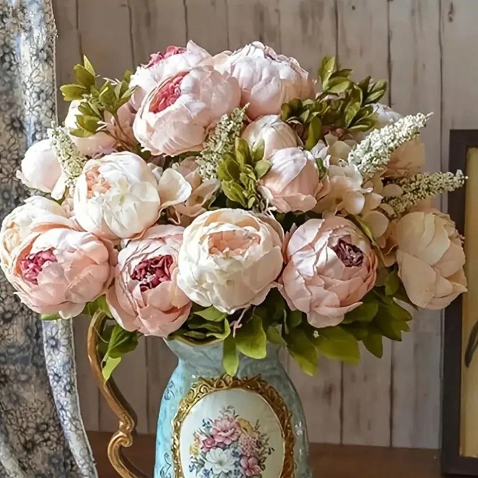 A bouquet of European-style faux peony silk flowers for home deco