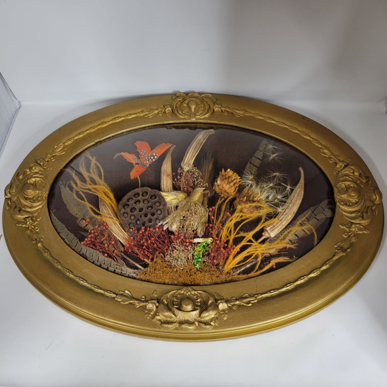 Vintage Oval Framed Bubble Glass Dried Flower Arrangement Wall Art Decor 25″x19″