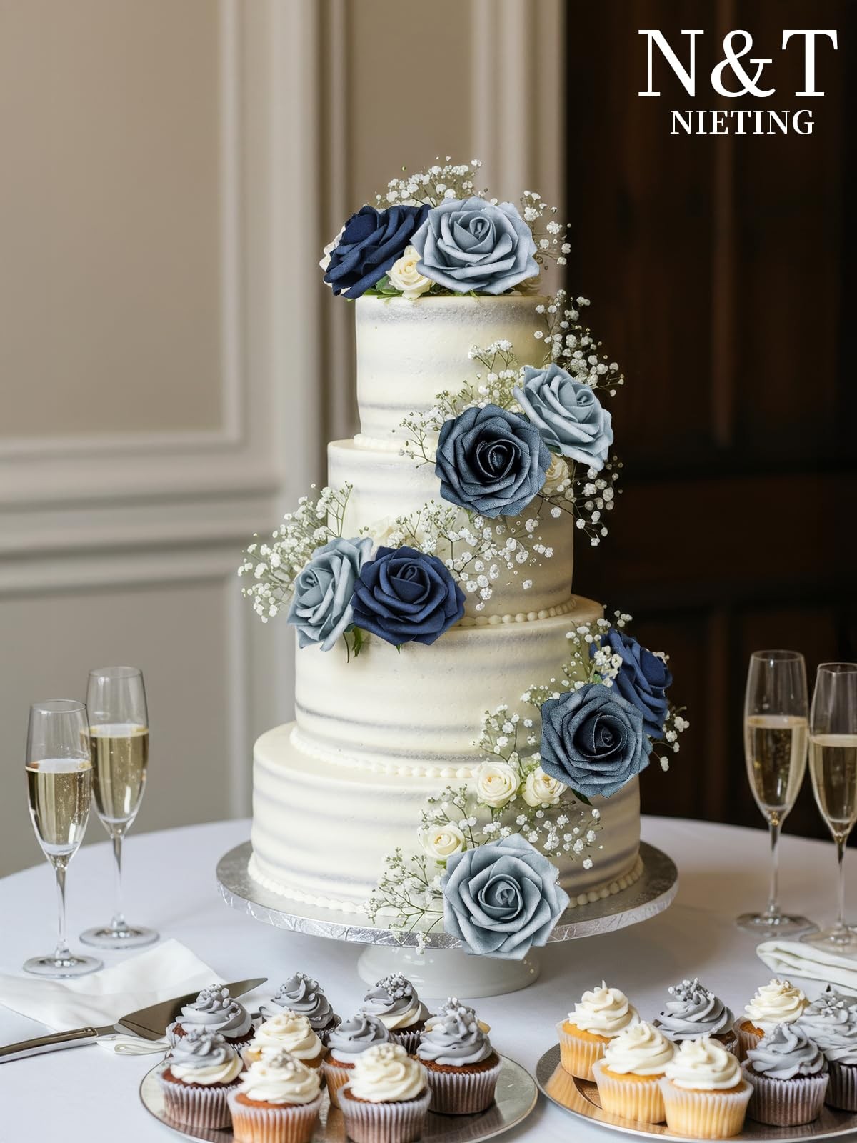 25 PCS Fake Roses Artificial Flowers Dusty Blue Shades Navy Blue Decoration