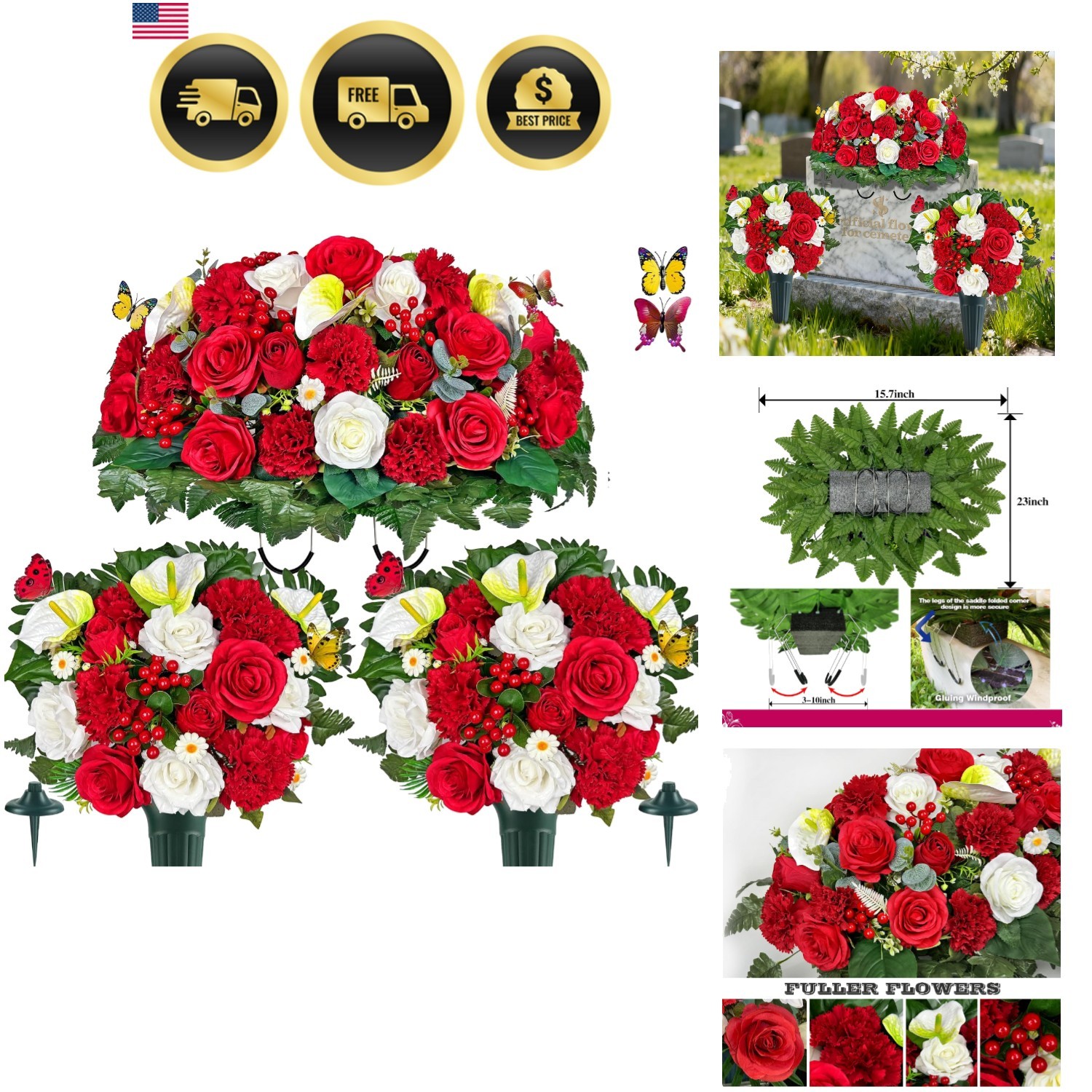 Artificial Cemetery Flower with Vases for Grave Decoration, 3PC,Red Rose Carn…
