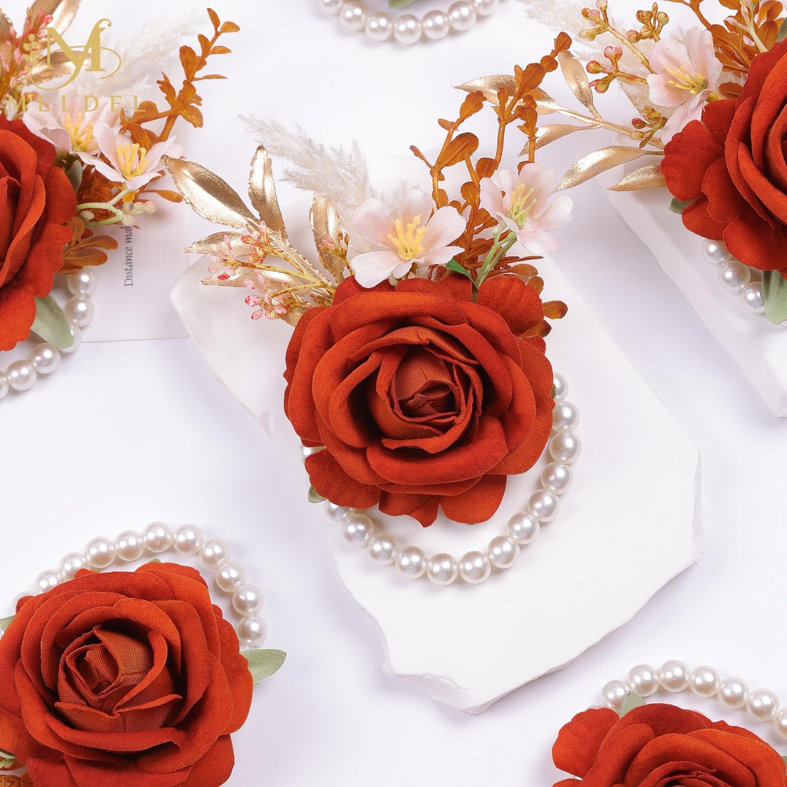Burnt Orange Wrist Corsage and Boutonniere Set, Flower On Wrist for Bride Bri…