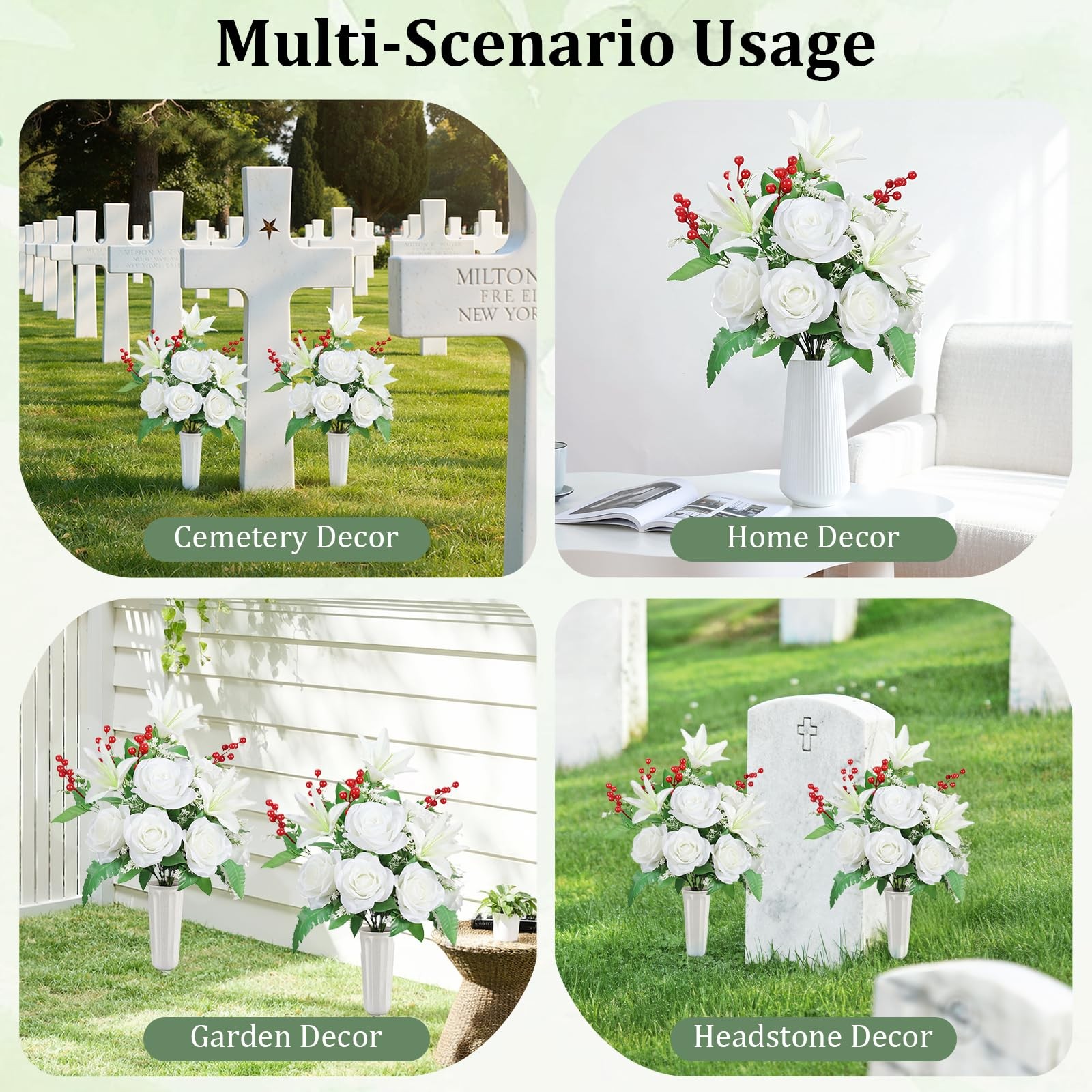 Artificial Cemetery Flowers with Vase, 2 Sets Outdoor Grave Decorations UV Re…
