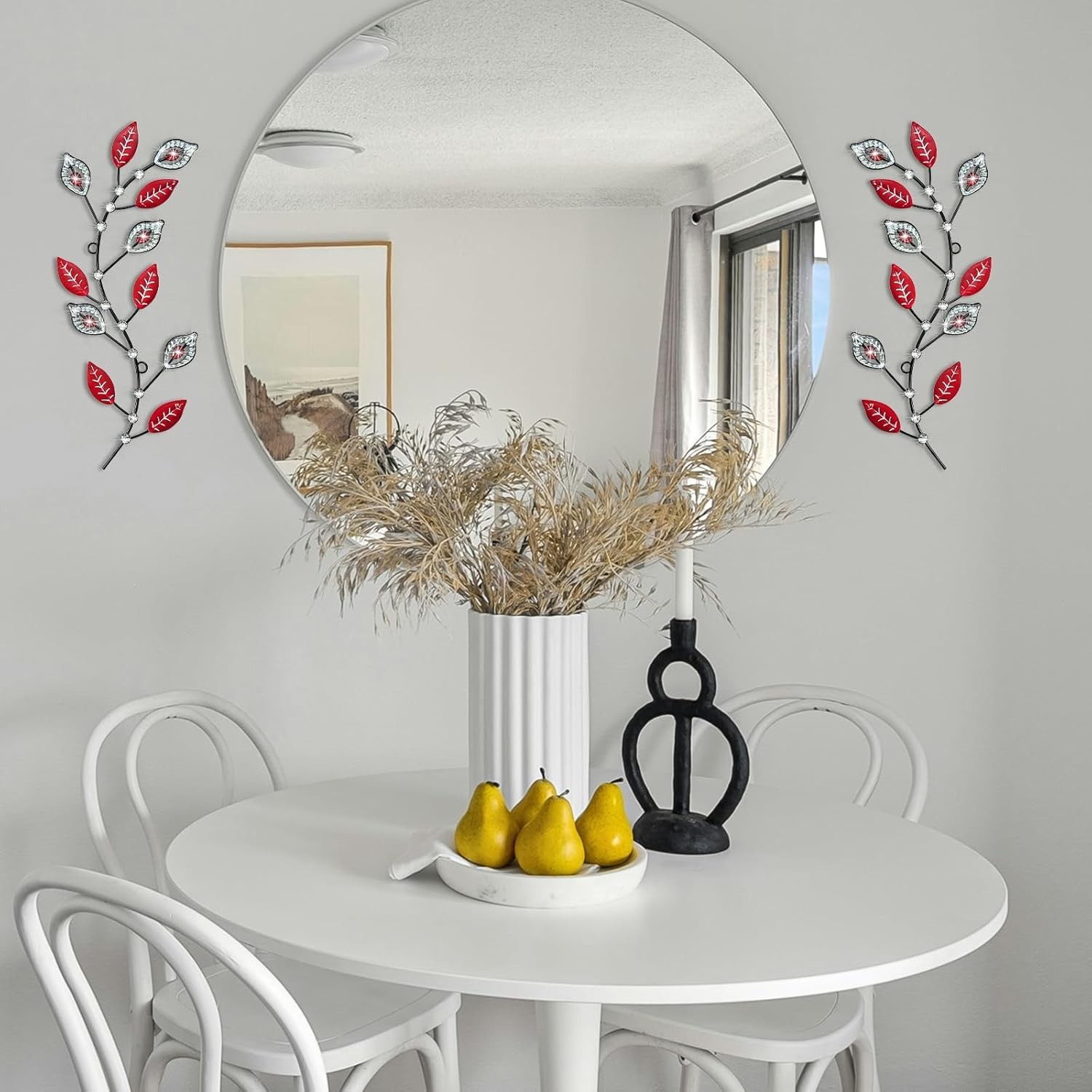 2Pc Metal Tree Leaf Wall Art 3D Rhinestone Iron Branch Hanging Decor Red