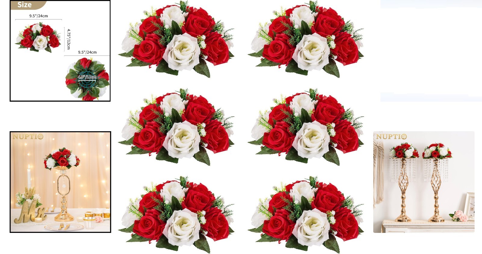 6 Pcs Artificial Rose Flower Ball Arrangement Bouquets Red White Wedding Decor
