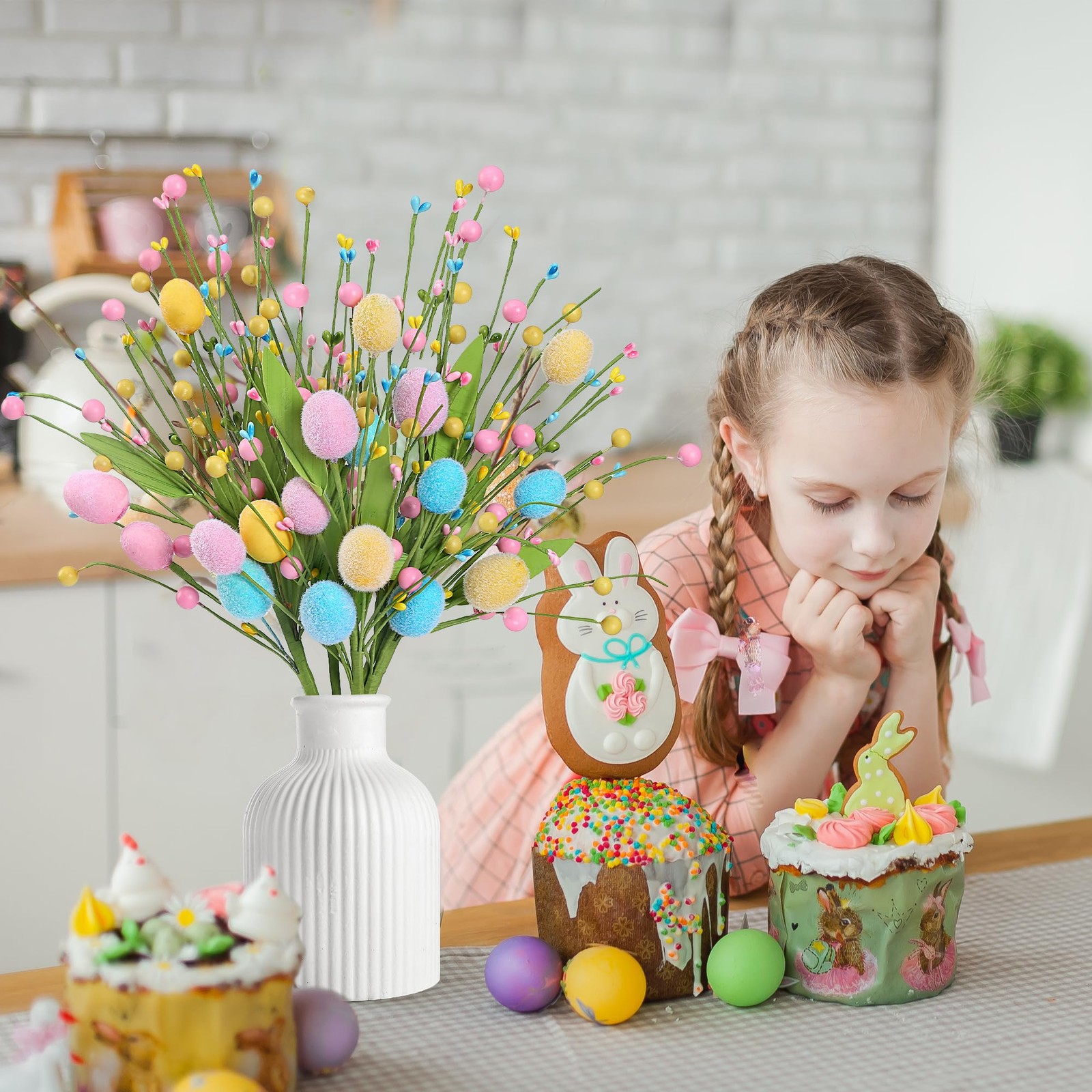 Artificial Easter Stems 6 Pcs Spring Egg Picks with Colorful Eggs Berries Gre…