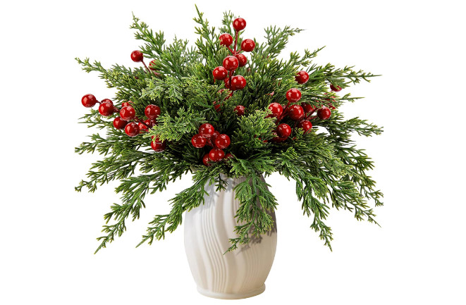 45 Pcs Christmas Artificial Pine Branches with Red Berry Stems- 10.5″ Faux Everg