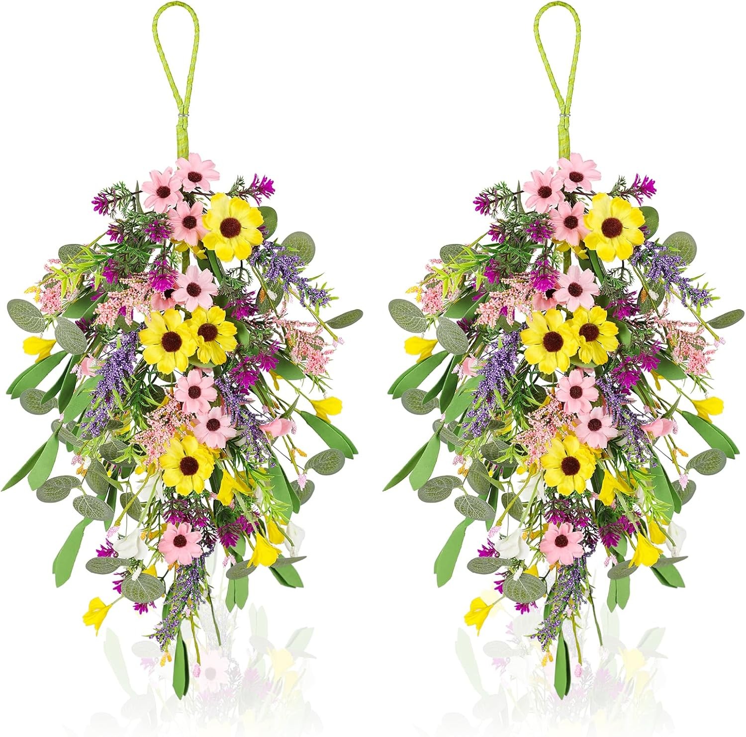 2 Pcs Spring Swags for Front Door, 23.6″ Artificial Floral Teardrop Swags with S