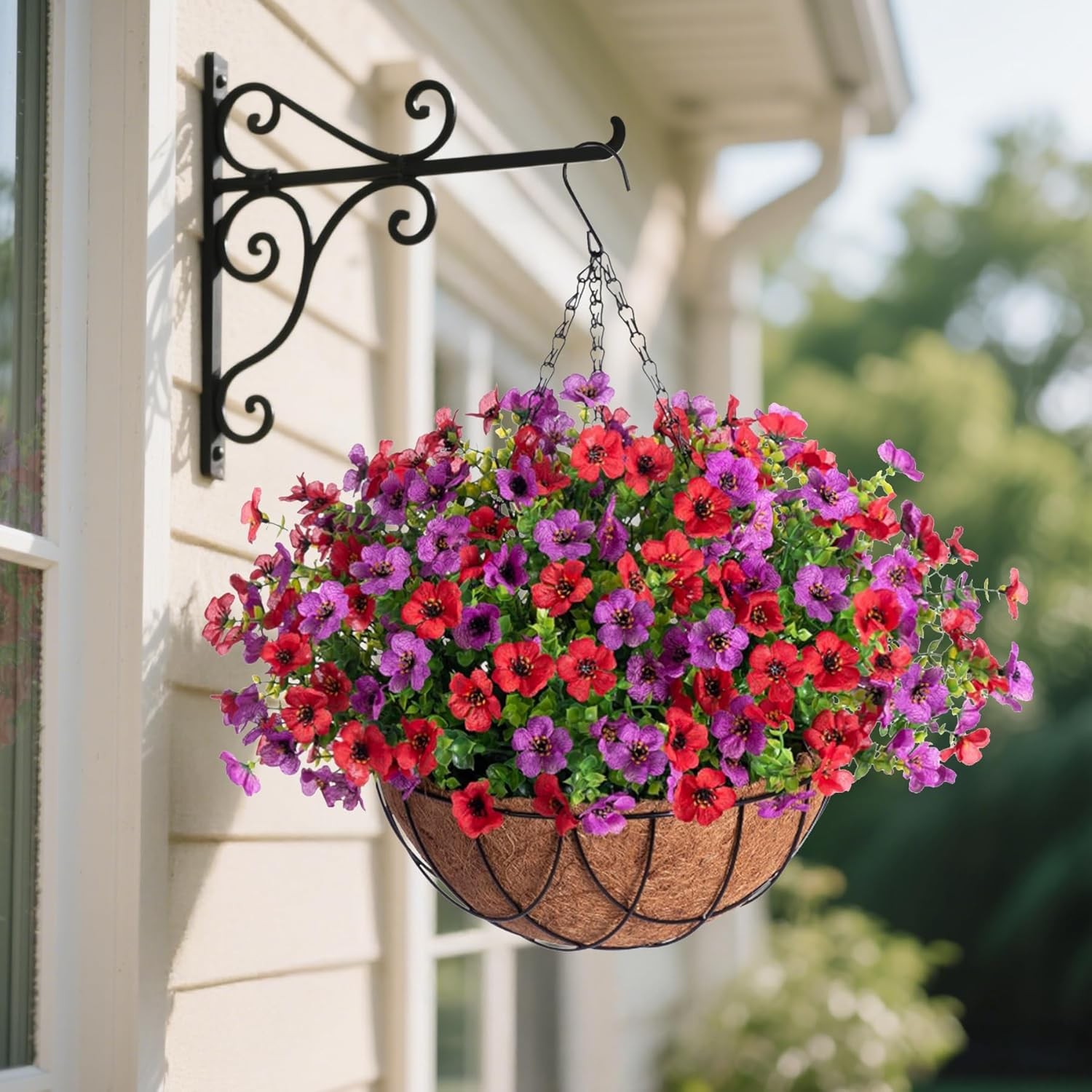 Artificial Silk Flowers Hanging Basket for Outdoor Indoor, Daisy Reddish Purple