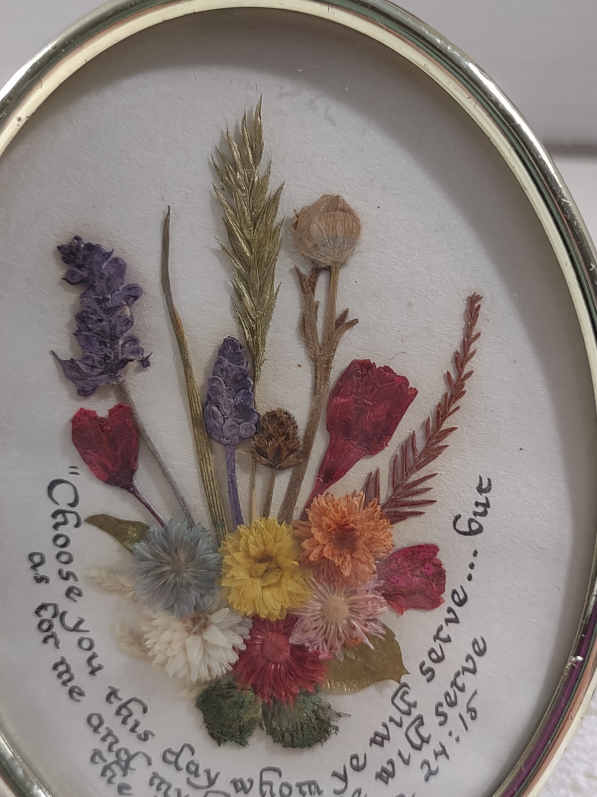 Pressed Dried Flowers With Joshua Scripture Oval Frame Vintage Cottage Handmade